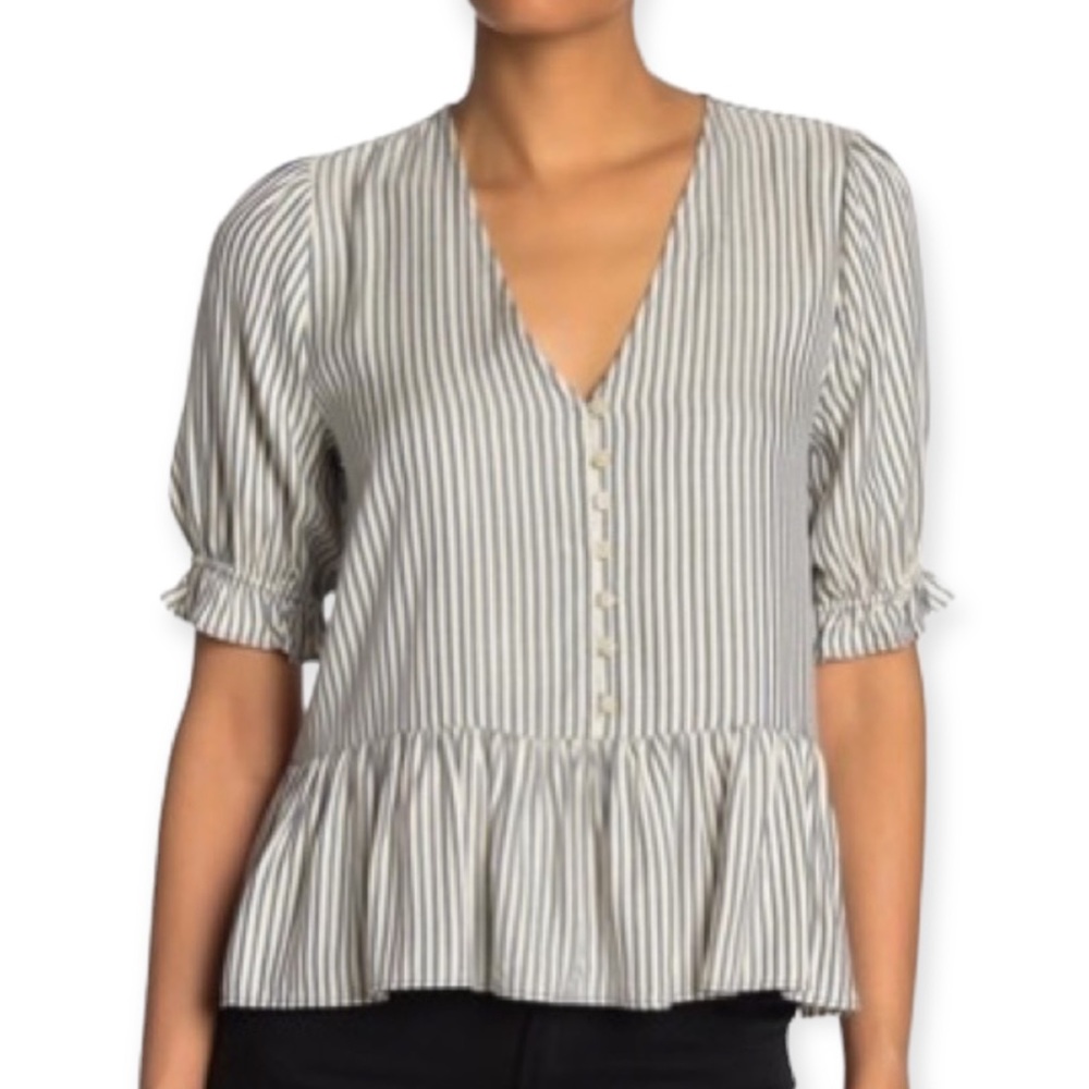 Madewell Cream and Gray Striped Button-Front Peplum Blouse